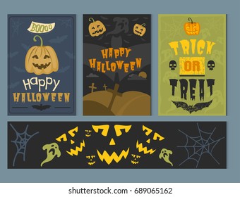 Set of happy halloween greeting card vector illustration party invitation design with spooky emblem.
