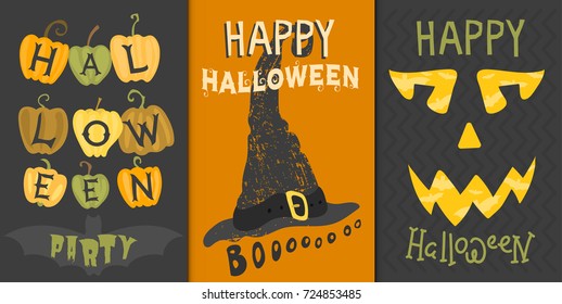 Set of happy halloween greeting card vector illustration party invitation design with spooky emblem.