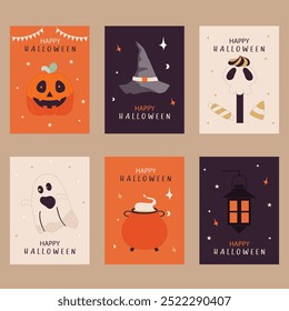 Set of happy halloween greeting card.Characters  for Halloween in cartoon costumes style,cute pumpkin,Vector illustrations.