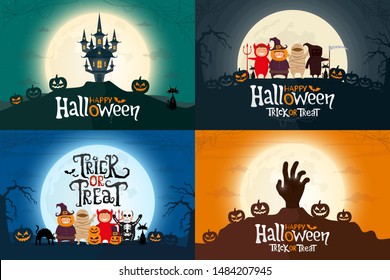 Set of Happy Halloween greeting cards. Four poster with kids, zombie hand, and spooky castle. Vector illustration.