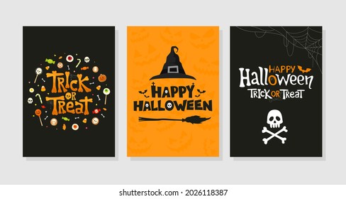 Set of Happy Halloween greeting cards. Party invitations. Vector collection of traditional symbols and handwritten lettering.