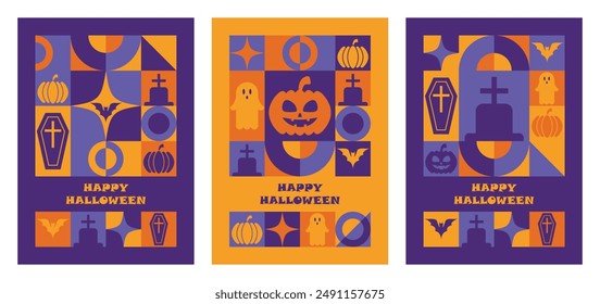 Set of Happy Halloween greeting cards with modern abstract geometric pattern