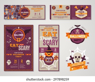 Happy Halloween Grußkarten oder Flyers. Vektorgrafik. Party Einladung Design mit Emblem. Typografische Vorlage für Menüabdeckung. Iss, trinke und sei eine gruselige Nachricht.