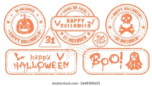 Set of Happy Halloween grunge retro rubber stamps with ghost, pumpkin ang flying bat. Collection of grunge textured holiday stickers or labels. Vector element