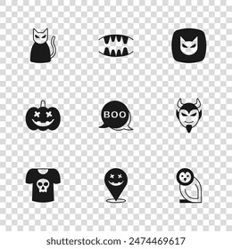 Fiesta feliz de Halloween, cabeza del diablo, pájaro del búho, burbuja del discurso del libro, gato negro, dientes del vampiro e icono de la calabaza. Vector