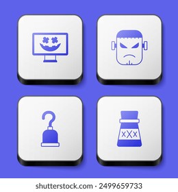 Set Happy Halloween holiday, Frankenstein face, Pirate hook and Bottle with potion icon. White square button. Vector