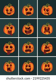 Set of Happy Halloween holiday main symbols Cute orange pumpkin characters, Vector illustration of pumpkin design on dark blue background.