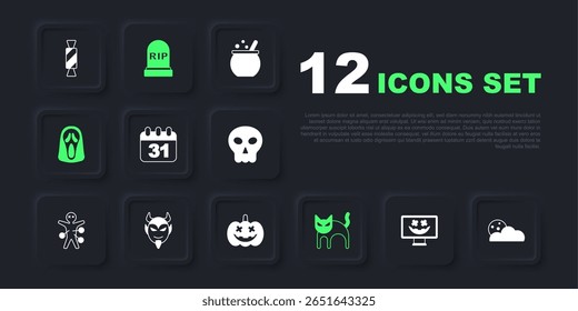 Definir feliz feriado de Halloween, Lua e estrelas, data 31 outubro, gato preto, Máscara fantasma assustador engraçado, cabeça do diabo, lápide com RIP escrito e ícone de abóbora. Vetor
