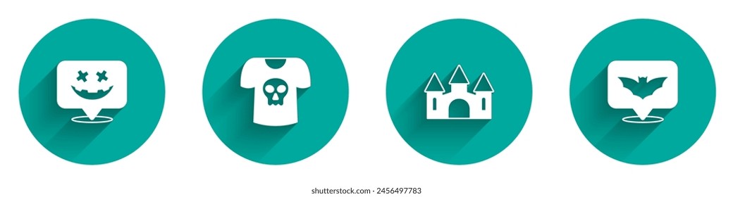 Set Happy Halloween holiday, Shirt with skull, Castle and Flying bat icon with long shadow. Vector