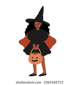 Set of Happy Halloween illustrations, Characters in costume vector clipart, kids witch ghost skeleton pet cat dog pumpkin face bat spider, Flat style images.