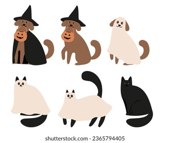Set of Happy Halloween illustrations, Characters in costume vector clipart, kids witch ghost skeleton pet cat dog pumpkin face bat spider, Flat style images.