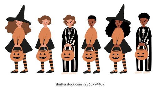 Set of Happy Halloween illustrations, Characters in costume vector clipart, kids witch ghost skeleton pet cat dog pumpkin face bat spider, Flat style images.