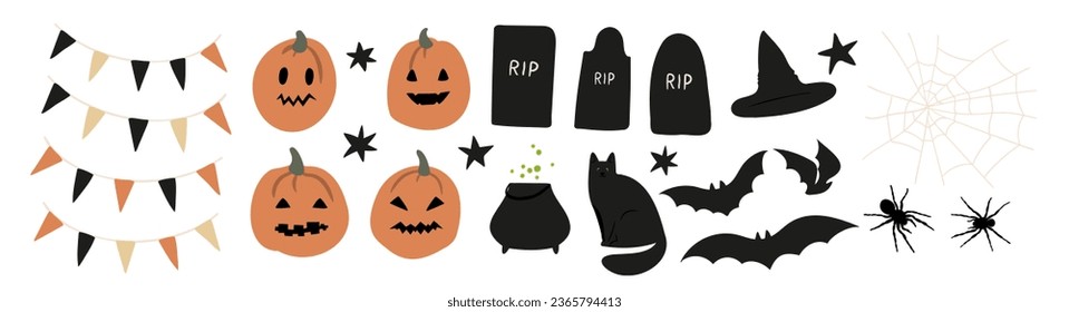 Set of Happy Halloween illustrations, Characters in costume vector clipart, kids witch ghost skeleton pet cat dog pumpkin face bat spider, Flat style images.