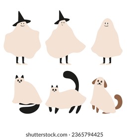 Set of Happy Halloween illustrations, Characters in costume vector clipart, kids witch ghost skeleton pet cat dog pumpkin face bat spider, Flat style images.