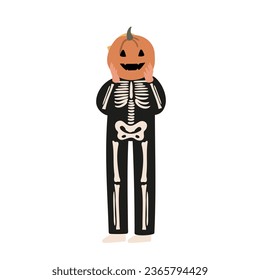 Set of Happy Halloween illustrations, Characters in costume vector clipart, kids witch ghost skeleton pet cat dog pumpkin face bat spider, Flat style images.