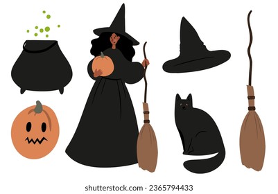 Set of Happy Halloween illustrations, Characters in costume vector clipart, kids witch ghost skeleton pet cat dog pumpkin face bat spider, Flat style images.