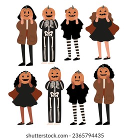 Set of Happy Halloween illustrations, Characters in costume vector clipart, kids witch ghost skeleton pet cat dog pumpkin face bat spider, Flat style images.