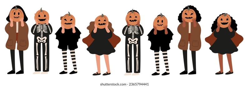 Set of Happy Halloween illustrations, Characters in costume vector clipart, kids witch ghost skeleton pet cat dog pumpkin face bat spider, Flat style images.