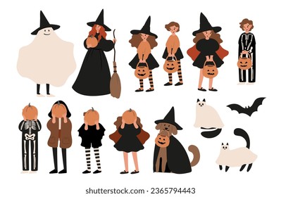 Set of Happy Halloween illustrations, Characters in costume vector clipart, kids witch ghost skeleton pet cat dog pumpkin face bat spider, Flat style images.