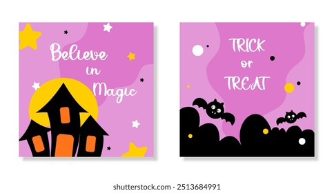 Conjunto de feliz Halloween instagram post modelo com castelo e morcego elemento em fundo rosa. Bom para banido, folheto, cartaz, cartão de saudação, convite, promoção e publicidade de negócios