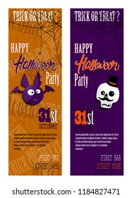 Set of Happy Halloween invitation cards with spiderweb and text.