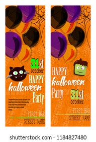 Set of Happy Halloween invitation cards with spiderweb and text.