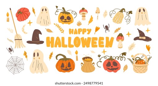 Set of Happy Halloween with lettering. Pumpkins, ghosts, witch hats and others kit. Collection of autumn festive elements. Vector hand drawn flat illustration isolated on white background.