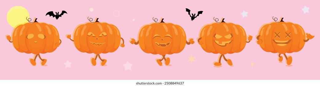 Set Happy Halloween Party Greeting Card with Cute Pumpkin. Holidays Cartoon Character. Trick or Treat on Pink Background.