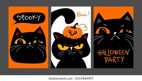 Set of Happy halloween party invitation card with grumpy black cat. Memes style. Holidays cartoon character. Vector illustration