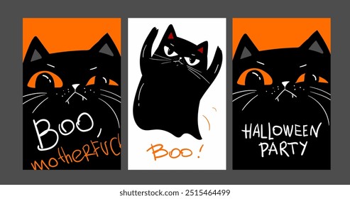 Set of Happy halloween party invitation card with grumpy black cat. Memes style. Holidays cartoon character. Vector illustration