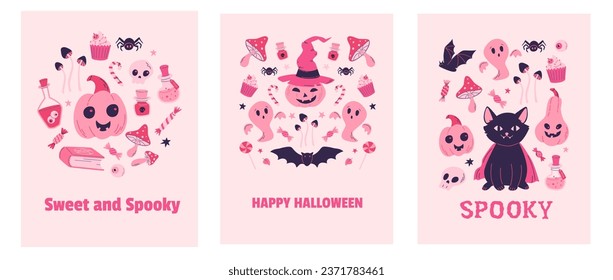 Set of Happy Halloween party poster, invitation, background. Trick or treat. Pinkcore style vector illustration. Pumpkin, bat, poison, skull, mushrooms, sweets, candy, tombstone