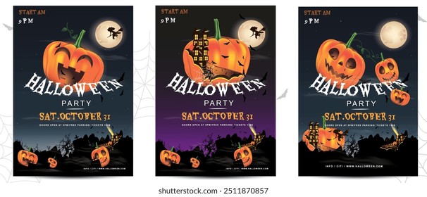 Set Happy Halloween party poster .Drawing placards , graveyard and pumpkin background. Art cover horror night. October 31	
