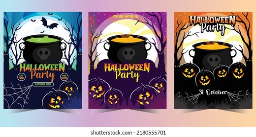 Set of Happy Halloween party posters with night clouds and pumpkins pot vector illustration. Full moon, cauldron, spider web, and flying bat with text blue purple orange background