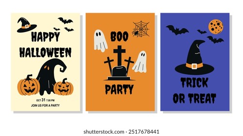 Set of happy Halloween posters. Flat vector design with Halloween characters, ghost, bat, pumpkin for advertising, posters, banners.