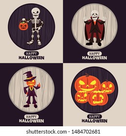 Set of Happy halloween season cards with skull and pumpkin cartoons collection ,vector illustration graphic design.