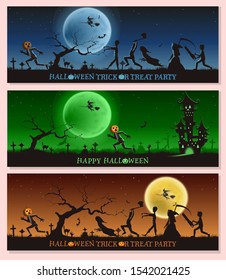 Set of Happy Halloween spooky trick or treat party banners. Evil monsters are chasing mister pumpkin who is running away from witch, death, ghost, zombie, man with saw and ax at cemetery with Castle.