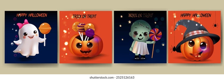  Set of Happy Halloween square cards with cute holiday characters