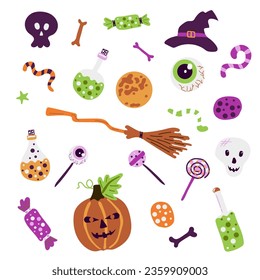 Set of Happy Halloween stickers. Cute set of pumpkin, broom, eye, witch hat, cauldron, worm, sweets, bone, skull