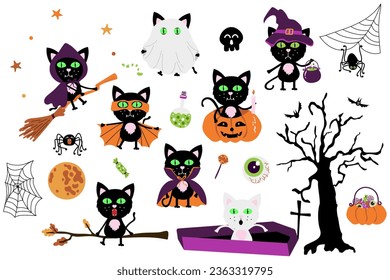 Set of Happy Halloween stickers. Cute set of black cat in different poses and pumpkin, ghost, eyes, witch, cauldron, broom, sweets
