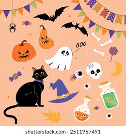 set of Happy Halloween stickers. Set of mascots pumpkin head, black cat, skeleton, ghost, eyes, bat, Halloween sweets and candies. Halloween, trick or treat. Vector illustration in flat style