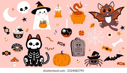 Set of Happy Halloween stickers on pink background. Set of mascots pumpkin, black cat, skeleton, ghost, eyes, bat, Halloween sweets and candies.  Vector illustration in flat style