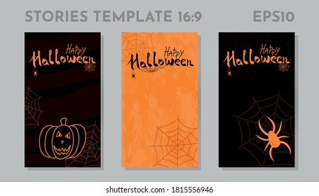 Set of Happy Halloween stories templates for social networks. Vertical halloween banner. Halloween party greeting, invitation card. Creepy postcard with spider pumpkin. Vector illustration