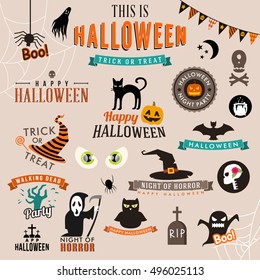 Set of Happy Halloween symbols and decoration elements. Vector illustration