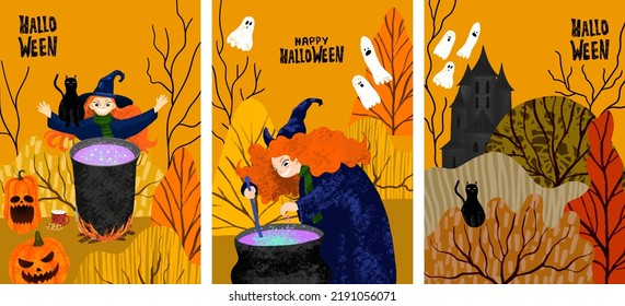 Set of Happy Halloween template with witch cooking the potion in the cauldron. Poster with sorcerer, pumpkin, forest, dark castle, house of ghosts, black cat, lettering