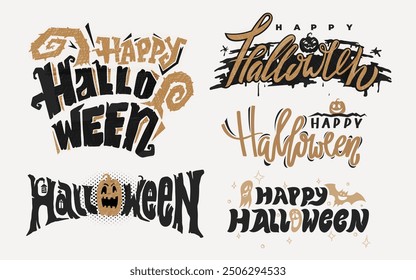 Set of Happy Halloween Text Banner, Vector illustration. Pastel color logo holidays Happy Halloween. Black and gold background design for halloween banner or decor. Happy halloween lettering.