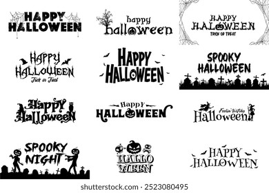 Conjunto de banner de texto de Halloween feliz com elementos assustadores. Coleção de Modelo de Tipografia de Halloween Criativo. Incrições de Halloween editáveis com fontes assustadoras. Melhor para festa Trick of Treat