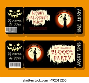 Set of Happy Halloween ticket or flyer on holiday party with figure death, pumpkin, scary castle and monster bats on dramatic moon background. Bloody letters. Cartoon style. Vector illustration