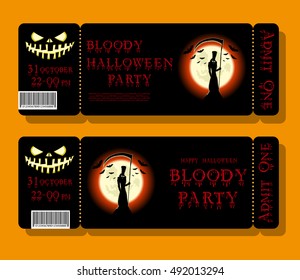Set of Happy Halloween ticket or flyer on holiday party with figure death, pumpkin, scary castle and monster bats on dramatic moon background. Bloody letters. Cartoon style. Vector illustration
