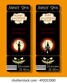 Set of Happy Halloween ticket or flyer on holiday party with figure death, pumpkin, scary castle and monster bats on dramatic moon background. Bloody letters. Cartoon style. Vector illustration