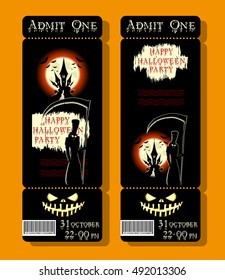 Set of Happy Halloween ticket or flyer on holiday party with figure death, pumpkin, scary castle and monster bats on dramatic moon background. Bloody letters. Cartoon style. Vector illustration